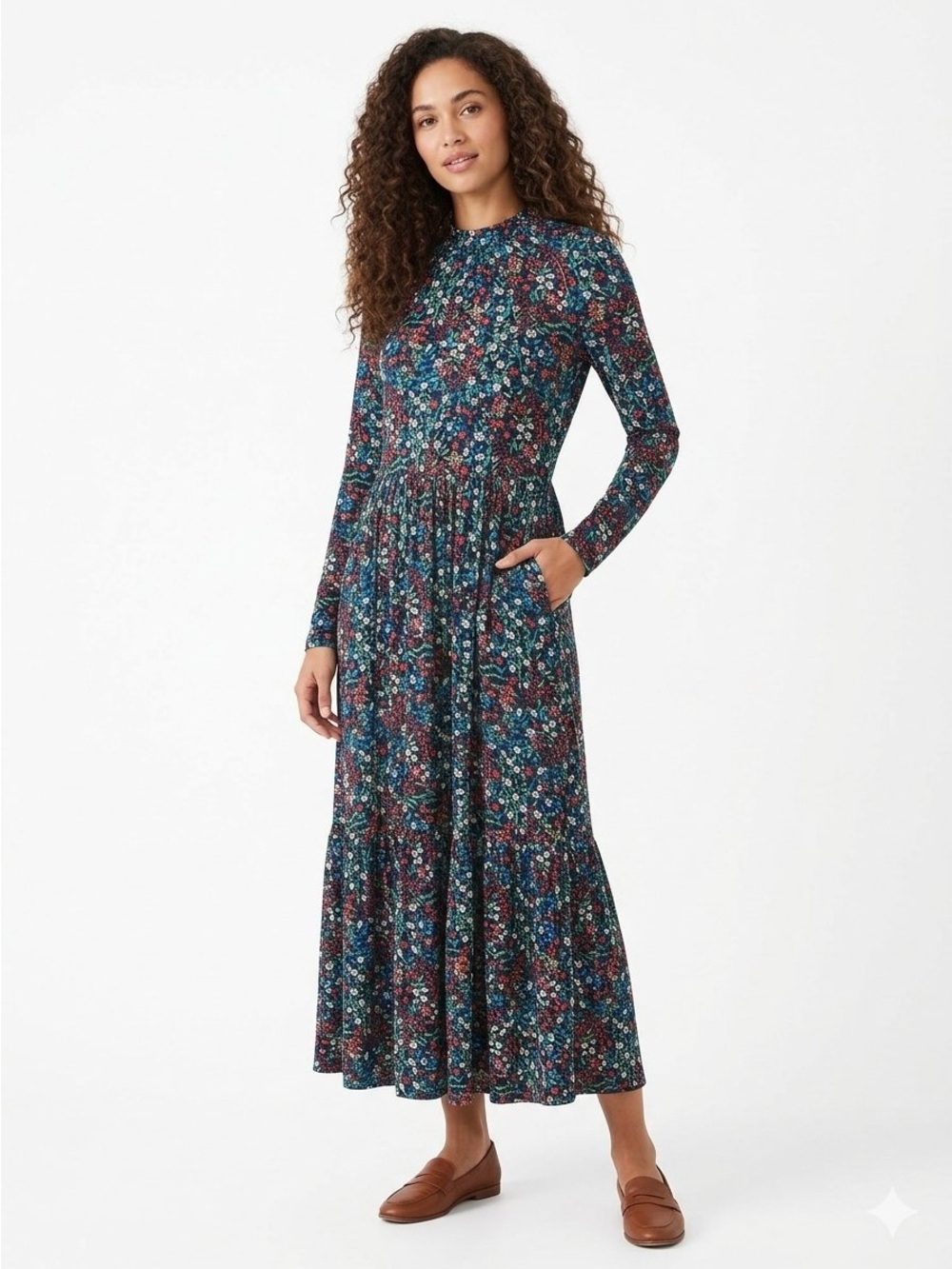 Boden Teal Multi Floral Long-Sleeve Maxi Dress